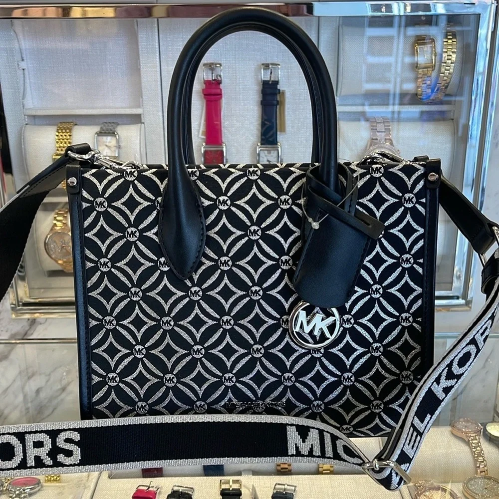 Michael Kors Mirella Small Metallic Logo Jacquard Crossbody Bag Black/Silver  NW